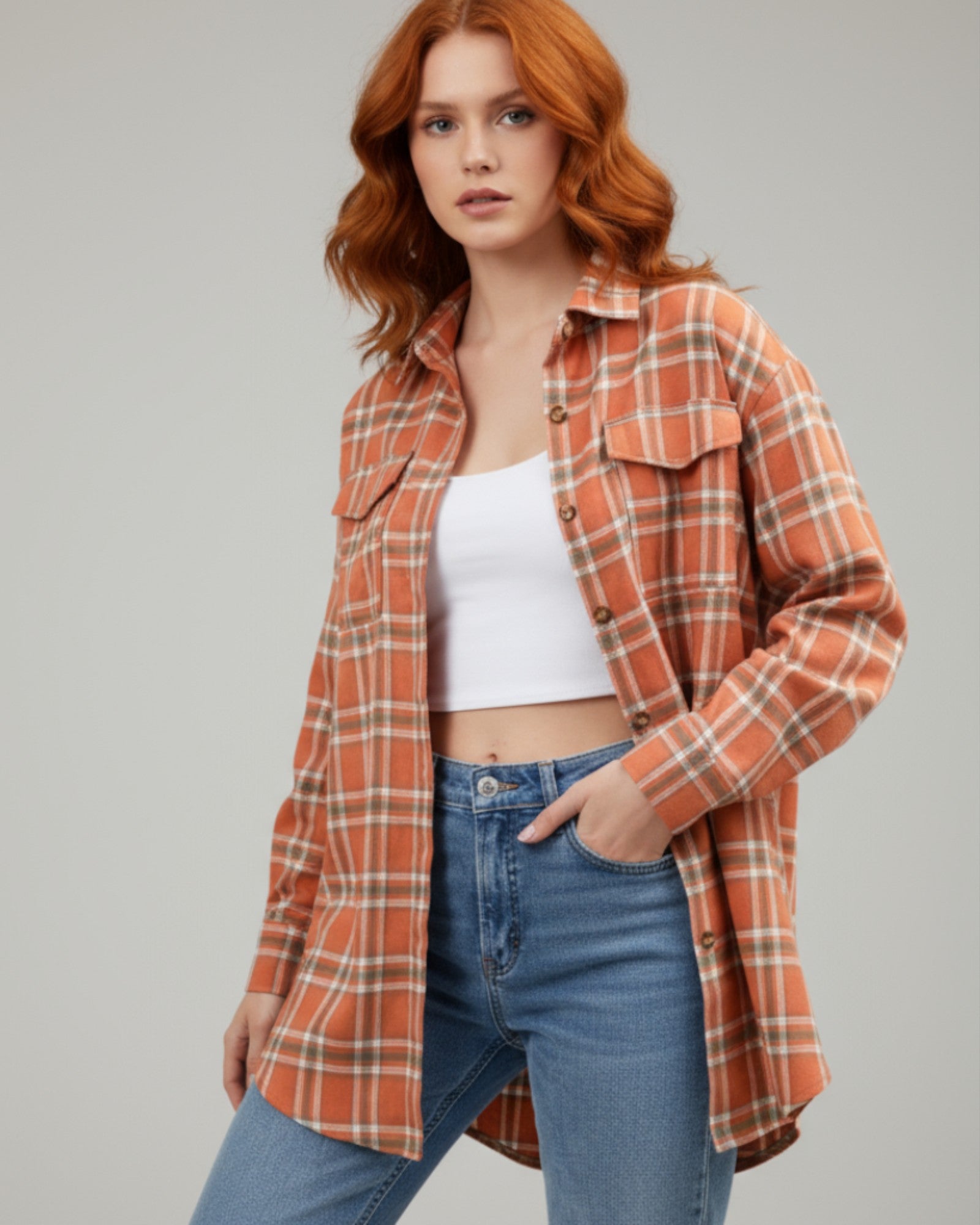 Checked Long Sleeve Shirt with Pockets for Women