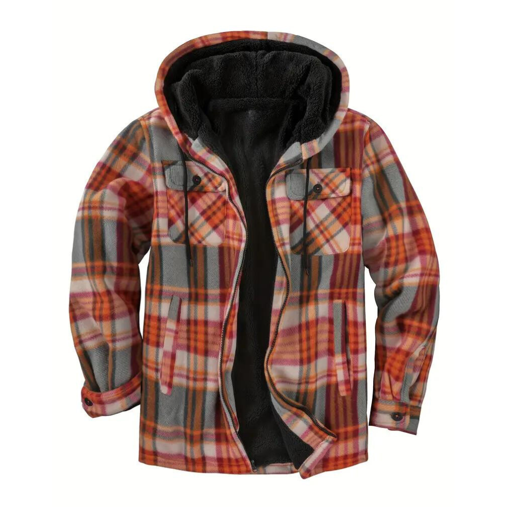 Checked Men's Jacket with Hood for Outdoor Activities