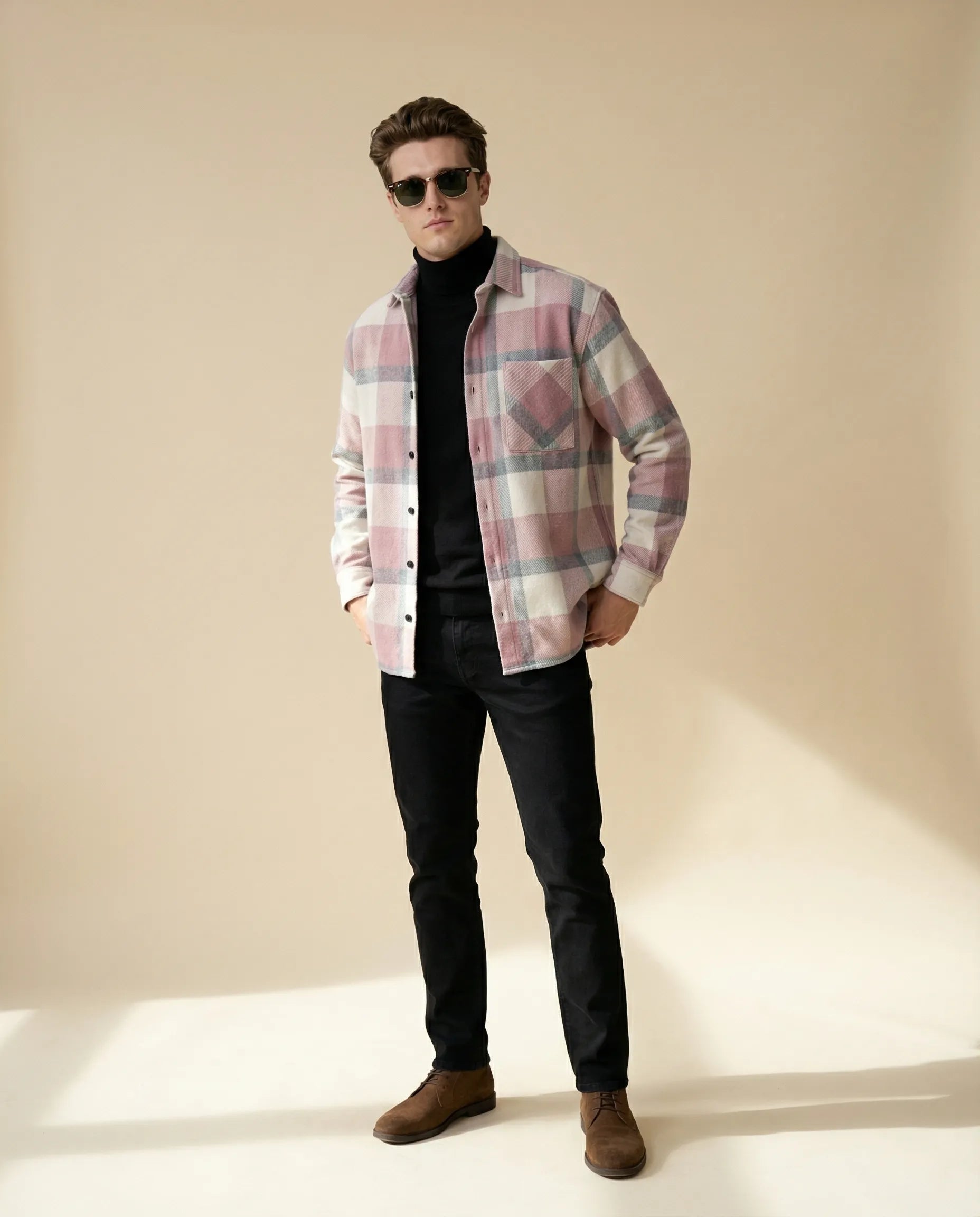 Checked Shirt Jacket with Chest Pocket for Men