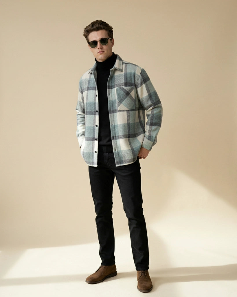 Checked Shirt Jacket with Chest Pocket for Men