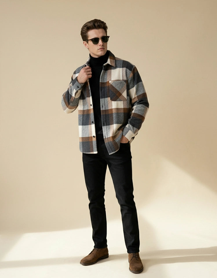 Checked Shirt Jacket with Chest Pocket for Men