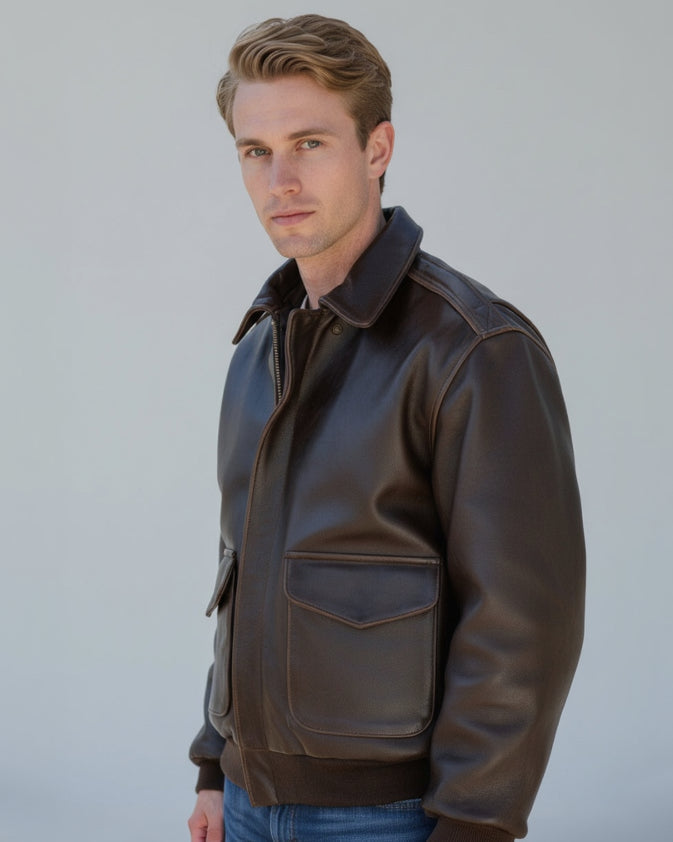 Coated Bomber Jacket for Men with Classic Collar