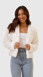 Collarless Cropped Faux Fur Women's Jacket