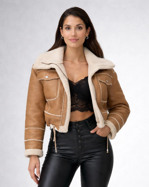 Cropped Faux Leather Jacket with Faux Fur Lining for Women