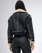 Cropped Faux Leather Jacket with Faux Fur Lining for Women