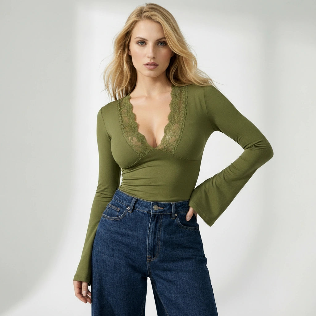 Figure-Hugging Women's Blouse with Lace V-Neck and Flared Sleeves