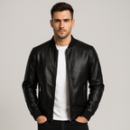 Fitted Faux Leather Bomber Jacket for Men