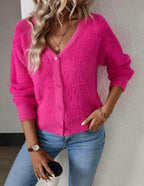Fluffy V-Neck Cardigan with Button Detail for Women