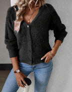 Fluffy V-Neck Cardigan with Button Detail for Women