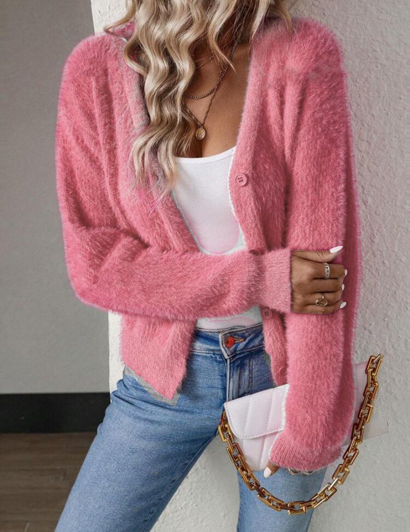 Fluffy V-Neck Cardigan with Button Detail for Women