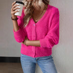 Fluffy V-Neck Cardigan with Button Detail for Women