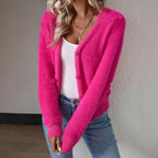Fluffy V-Neck Cardigan with Button Detail for Women