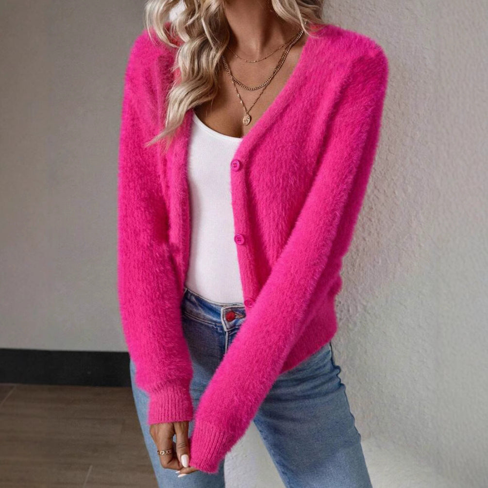 Fluffy V-Neck Cardigan with Button Detail for Women