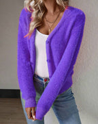Fluffy V-Neck Cardigan with Button Detail for Women