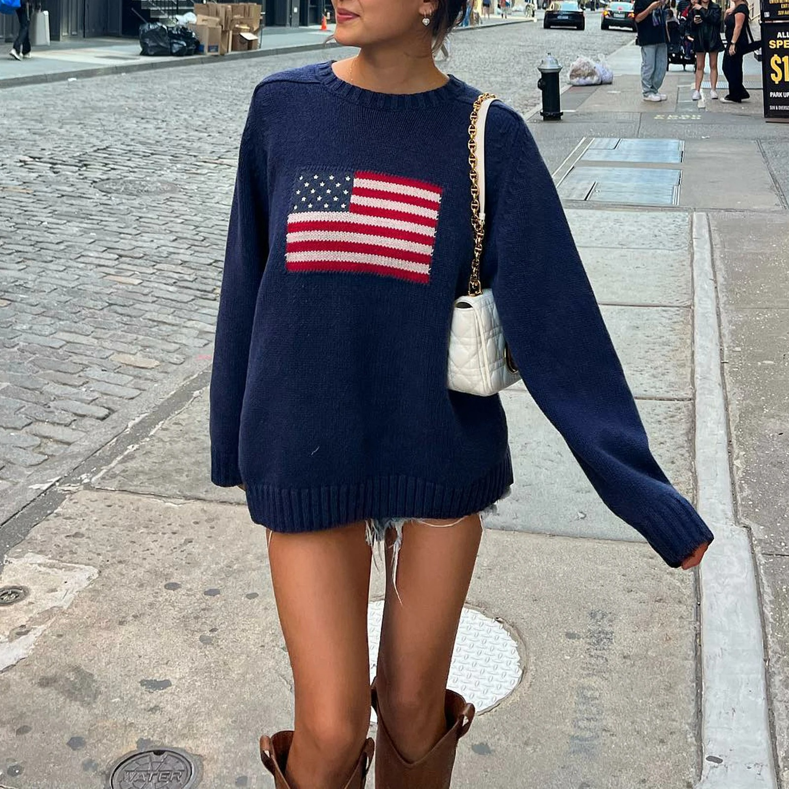 Knit Streetwear Sweater with American Flag Design for Women