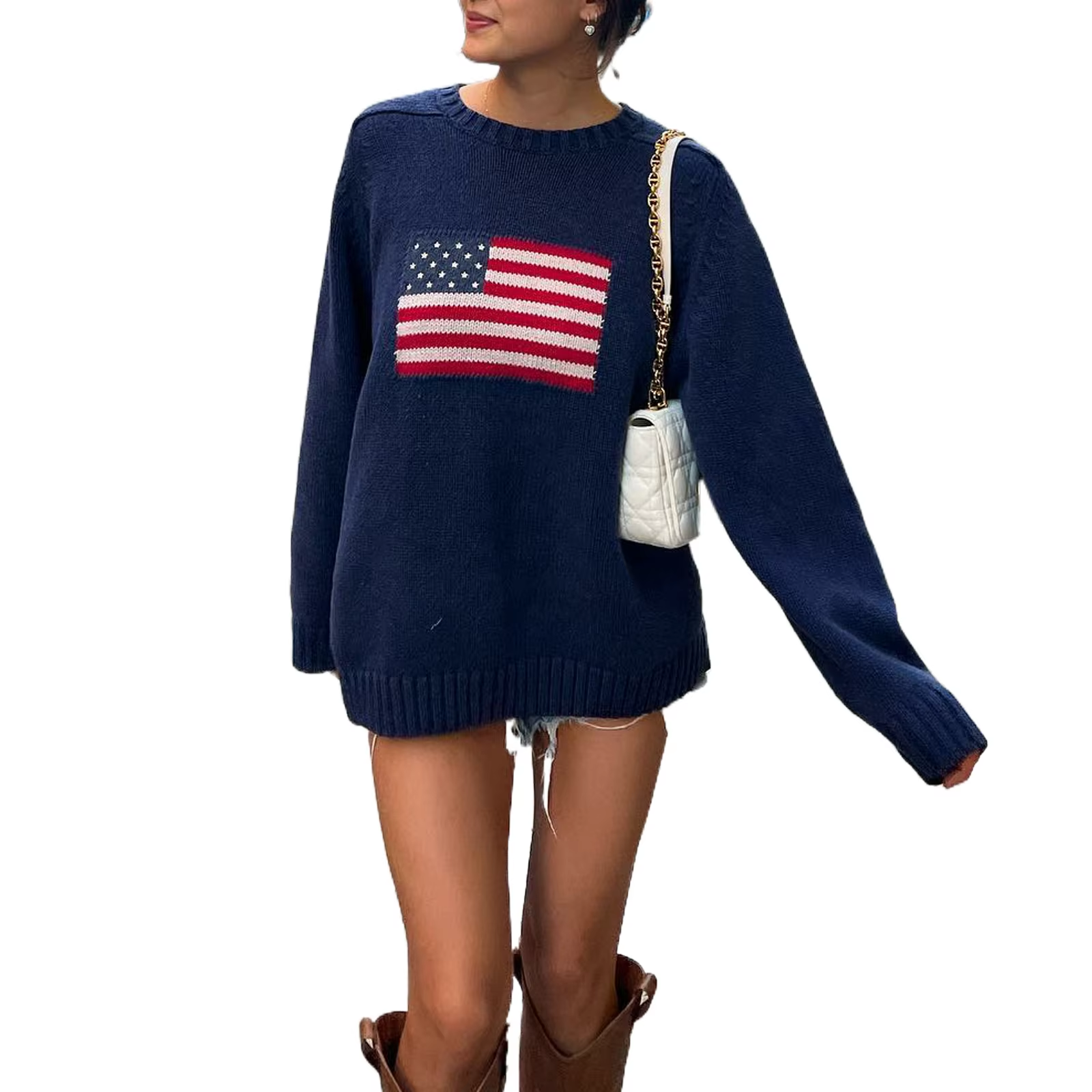 Knit Streetwear Sweater with American Flag Design for Women