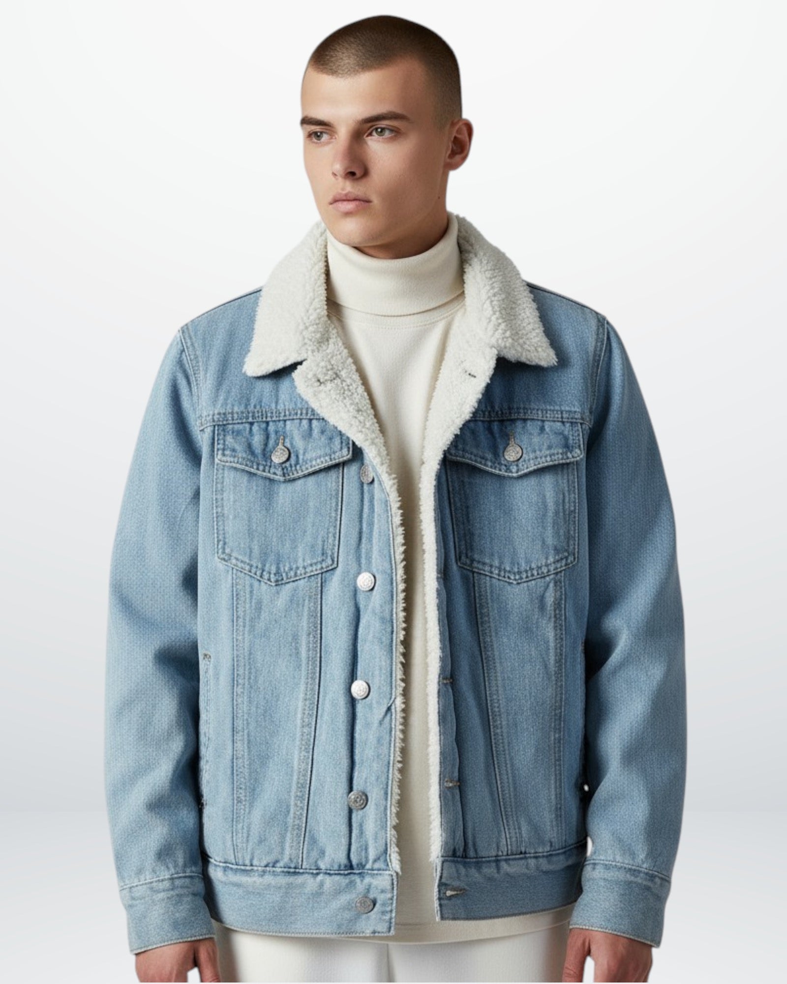 Lined Denim Jacket for Men with Fleece Collar