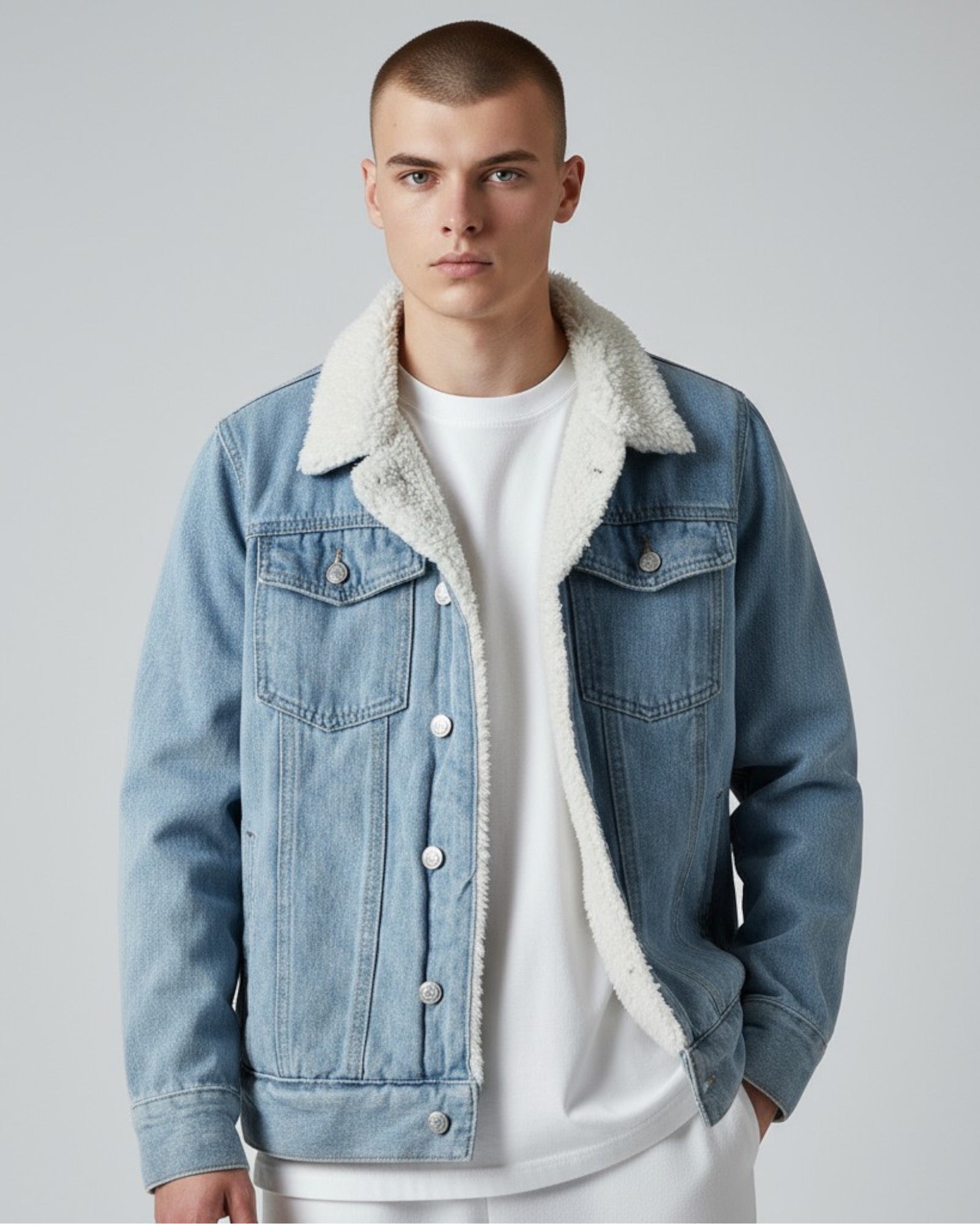 Lined Denim Jacket for Men with Fleece Collar