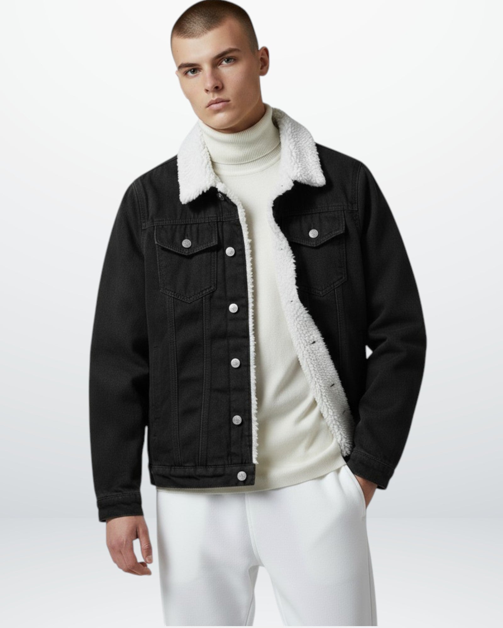 Lined Denim Jacket for Men with Fleece Collar