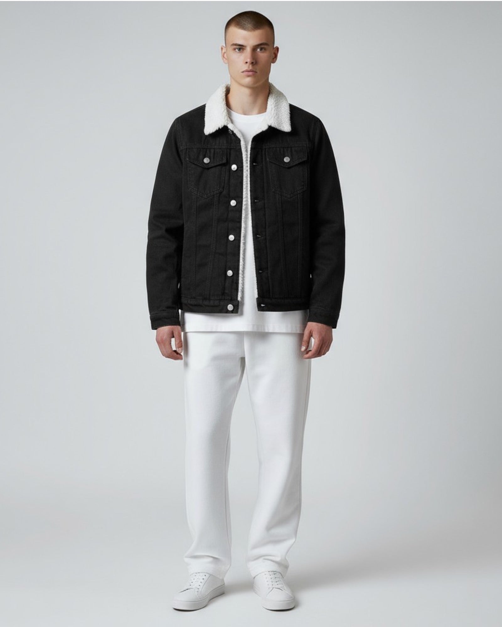 Lined Denim Jacket for Men with Fleece Collar