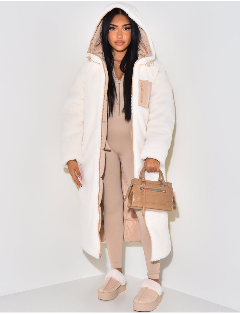 Long Hooded Puffer Coat with Sherpa Lining
