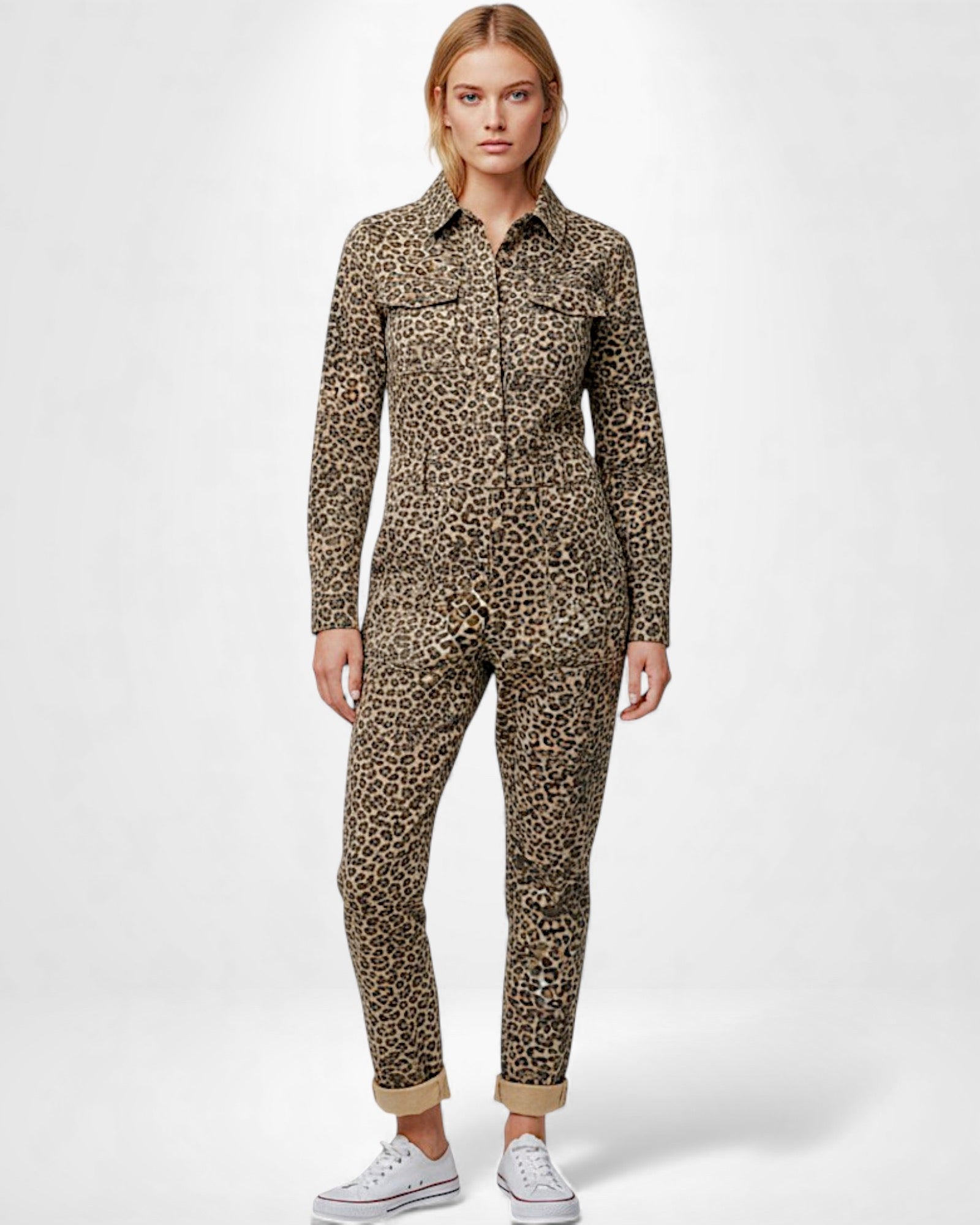 Long Sleeve Printed Jumpsuit with Shirt Collar
