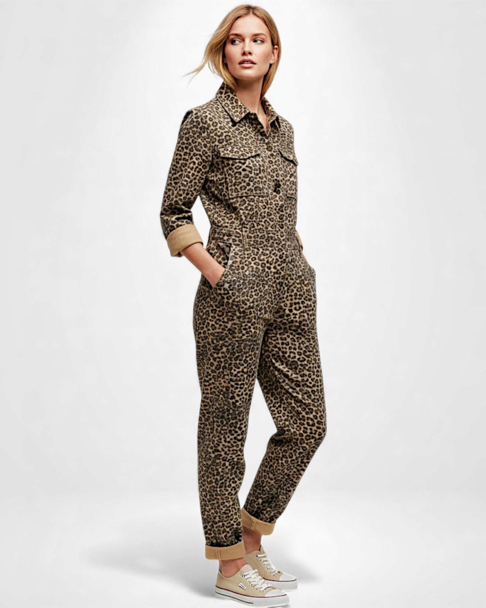 Long Sleeve Printed Jumpsuit with Shirt Collar