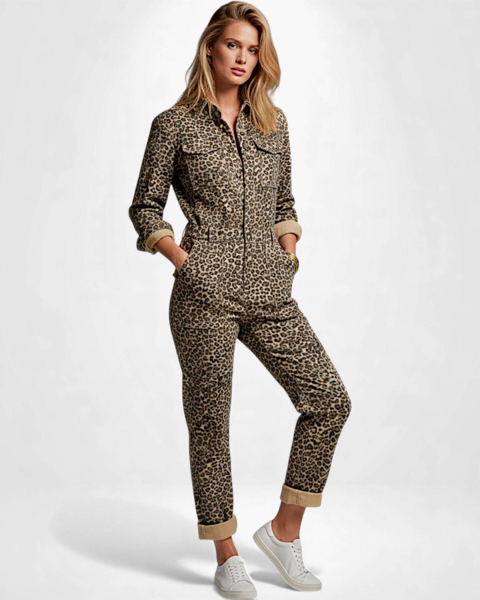 Long Sleeve Printed Jumpsuit with Shirt Collar