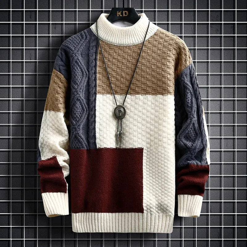 Loose-Fit Crewneck Sweater with Patchwork Design 0