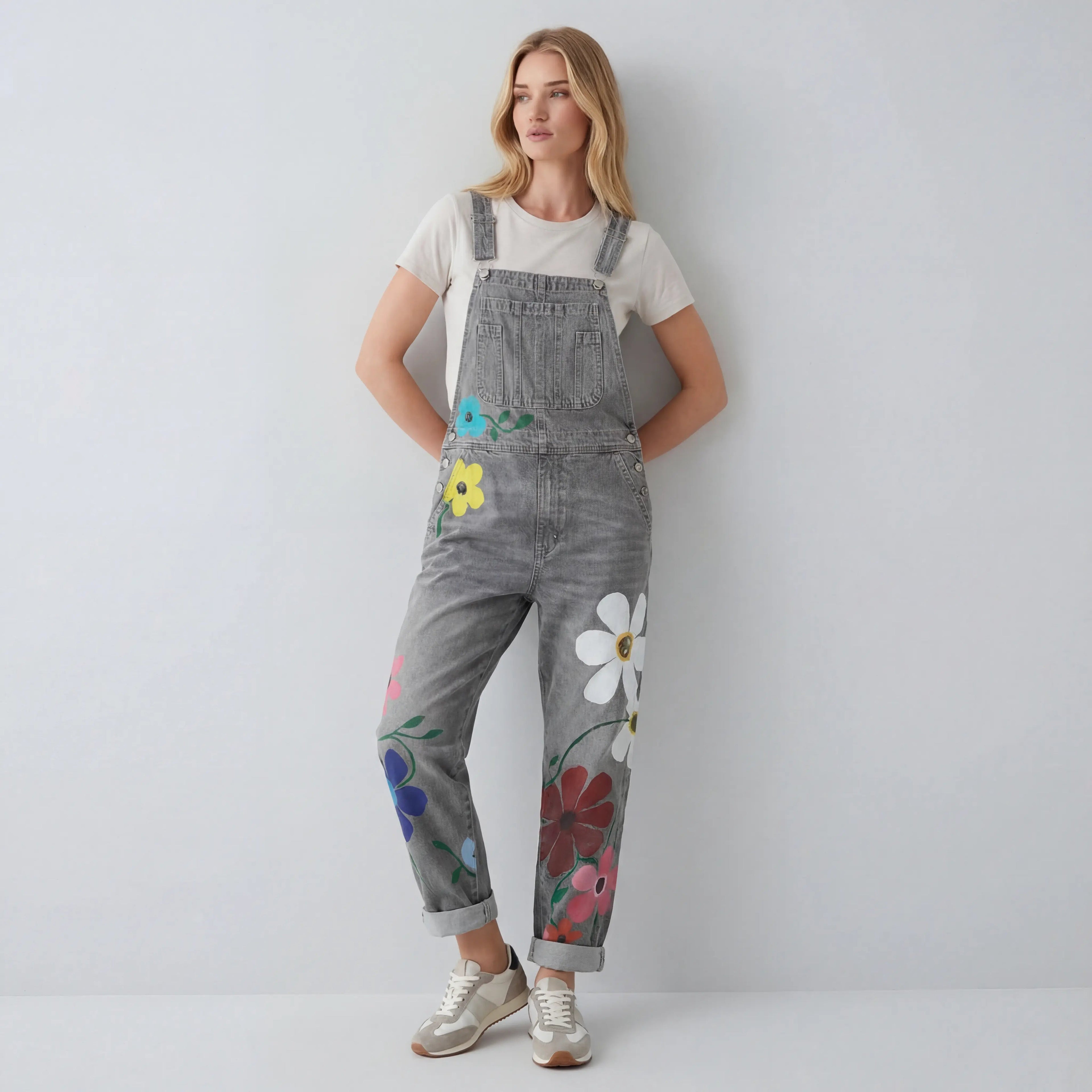 Loose Fit Floral Denim Dungarees for Women