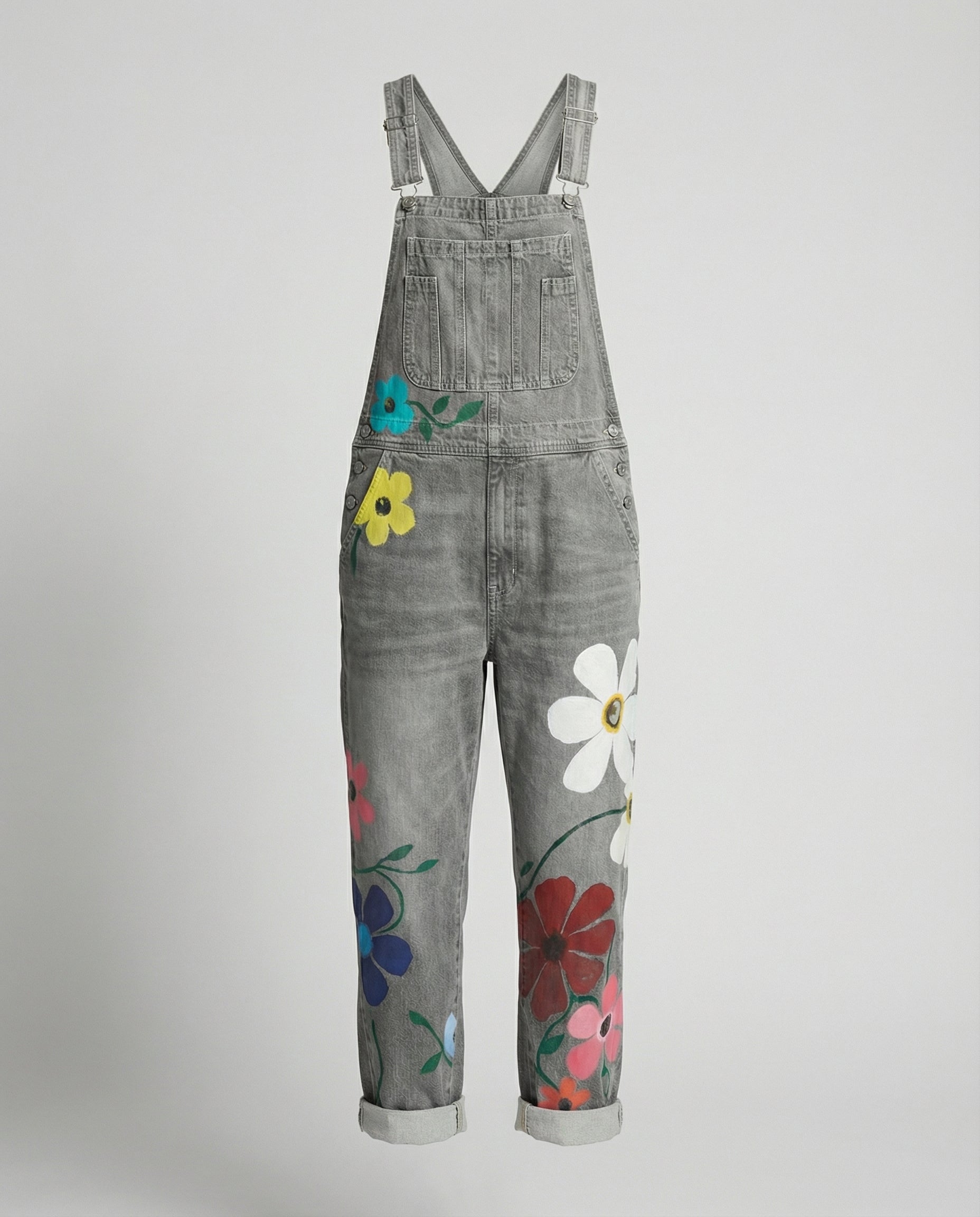 Loose Fit Floral Denim Dungarees for Women