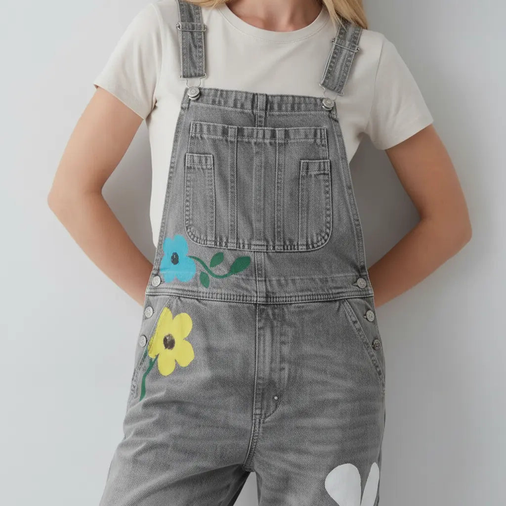 Loose Fit Floral Denim Dungarees for Women