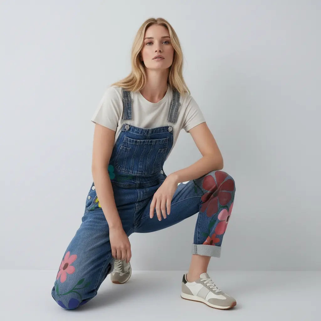 Loose Fit Floral Denim Dungarees for Women