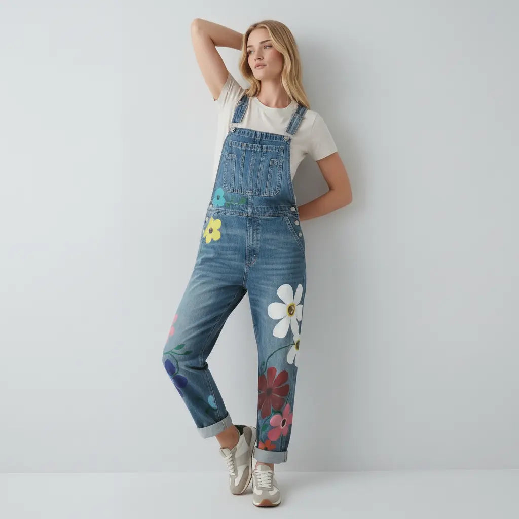 Loose Fit Floral Denim Dungarees for Women
