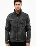 Men's Biker Jacket with Stand-Up Collar and Zip Pocket