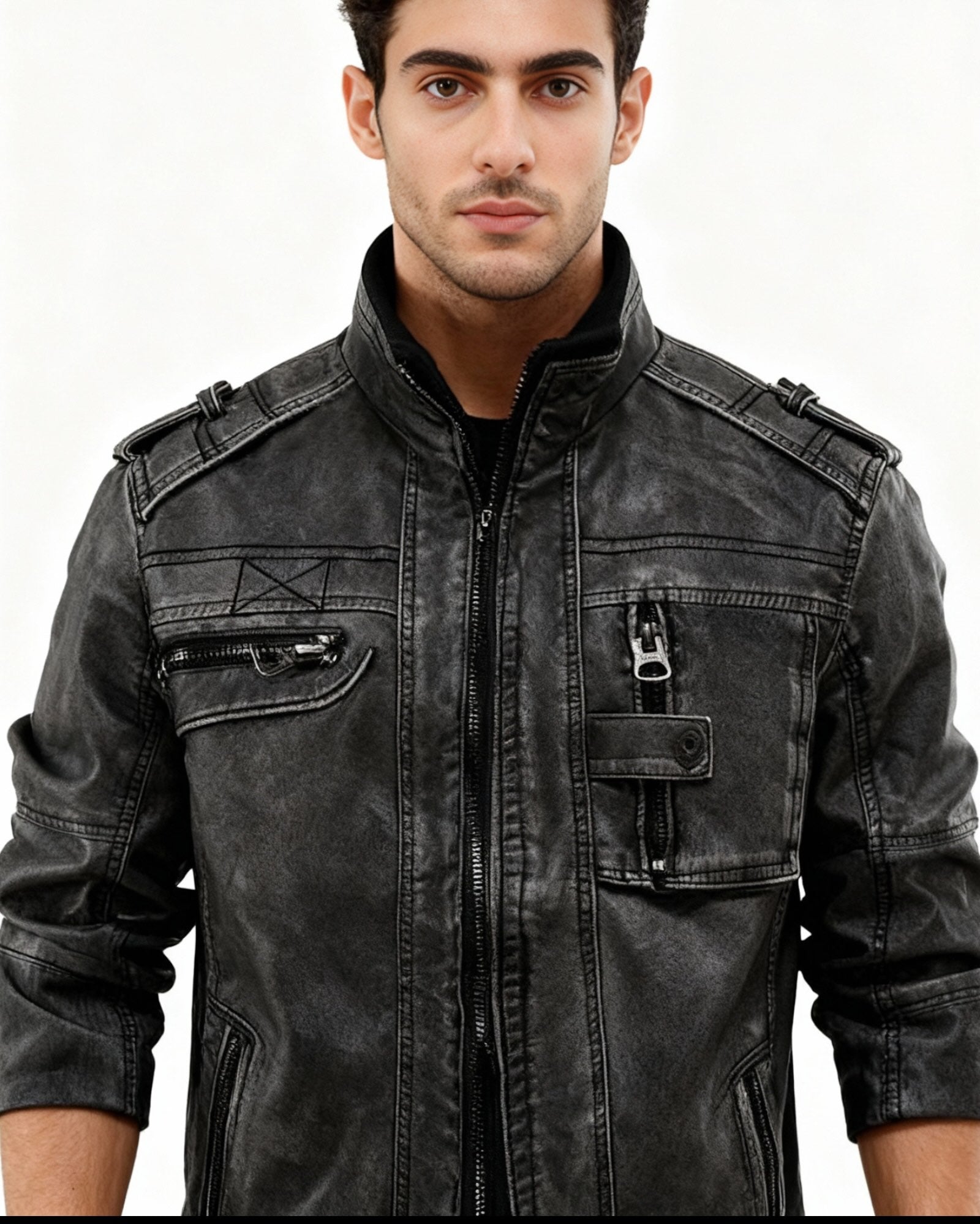 Men's Biker Jacket with Stand-Up Collar and Zip Pocket