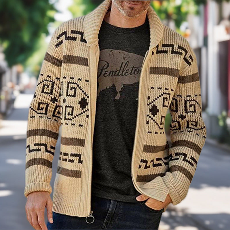 Men's Cardigan with High Collar and Pattern