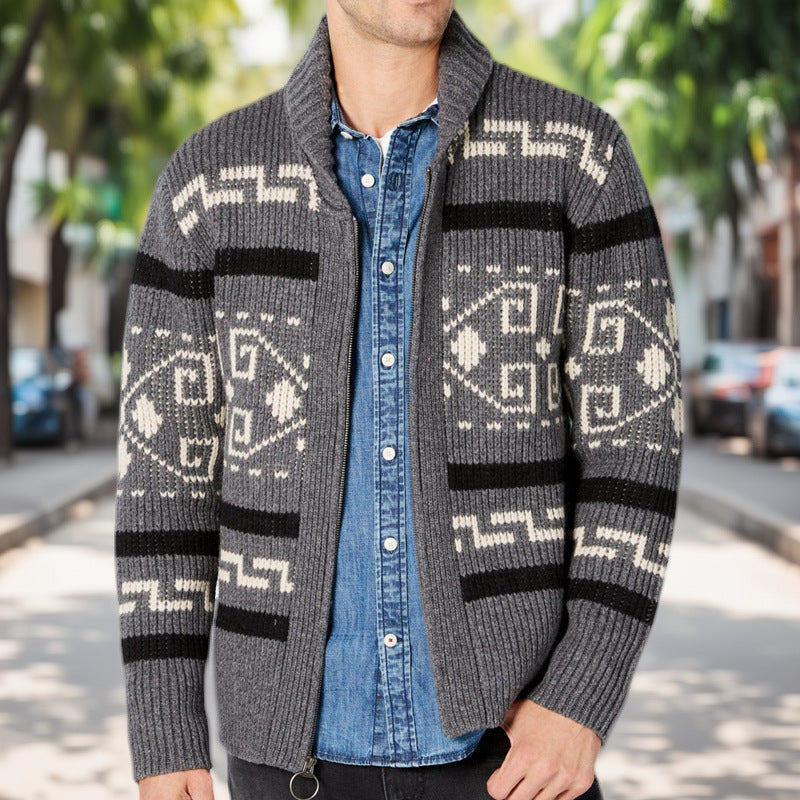 Men's Cardigan with High Collar and Pattern