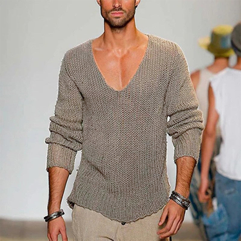 Men's Casual Knit Sweater with Deep V-Neck