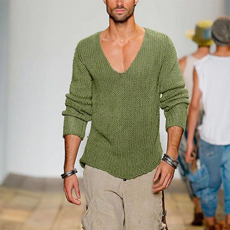 Men's Casual Knit Sweater with Deep V-Neck