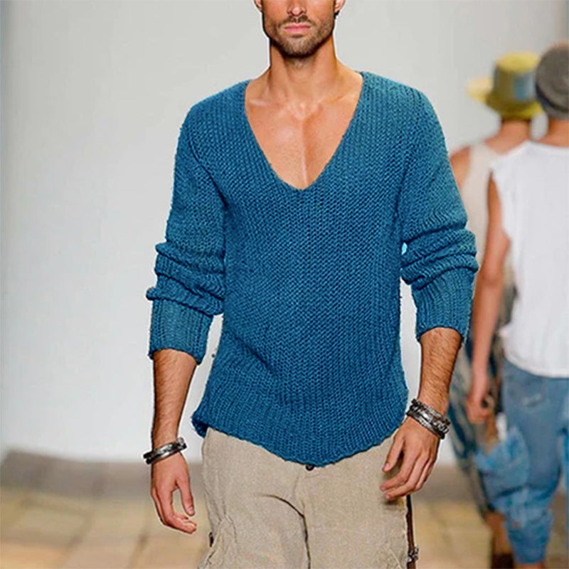 Men's Casual Knit Sweater with Deep V-Neck