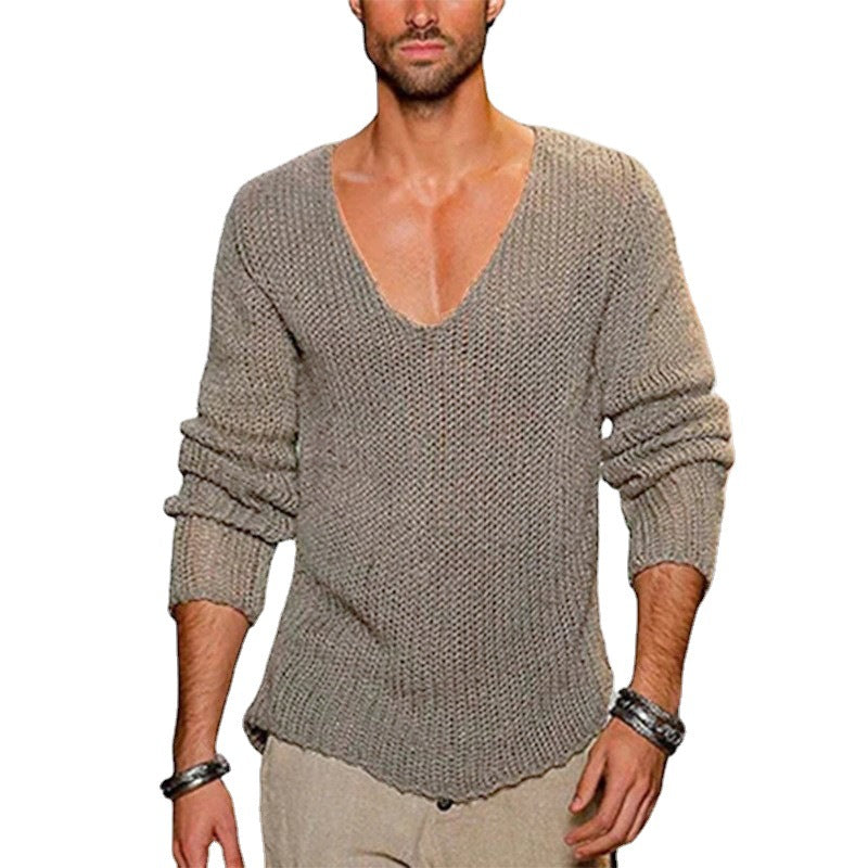Men's Casual Knit Sweater with Deep V-Neck