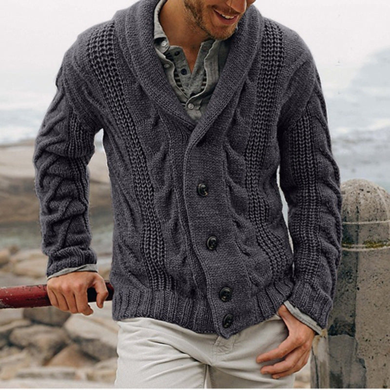 Men's Chunky Knit Cardigan with Lapel