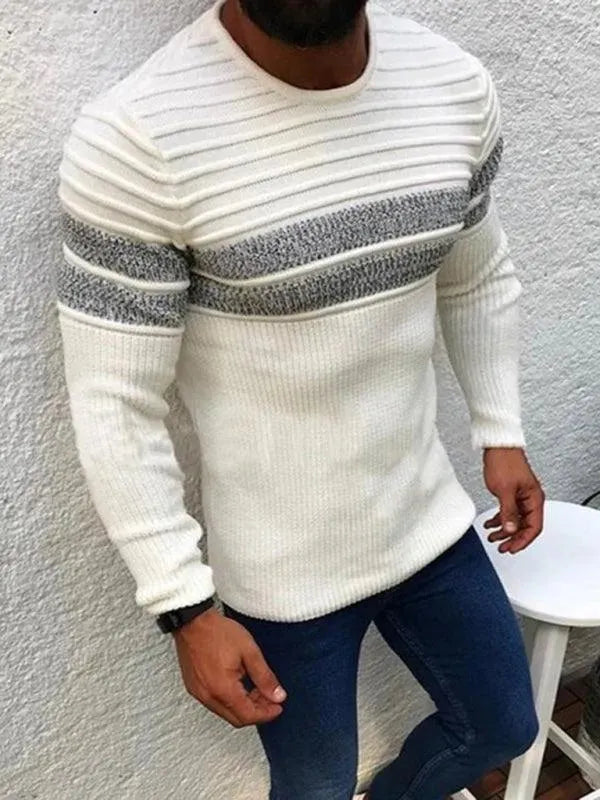 Men's Crew Neck Knitted Sweater with Striped Design