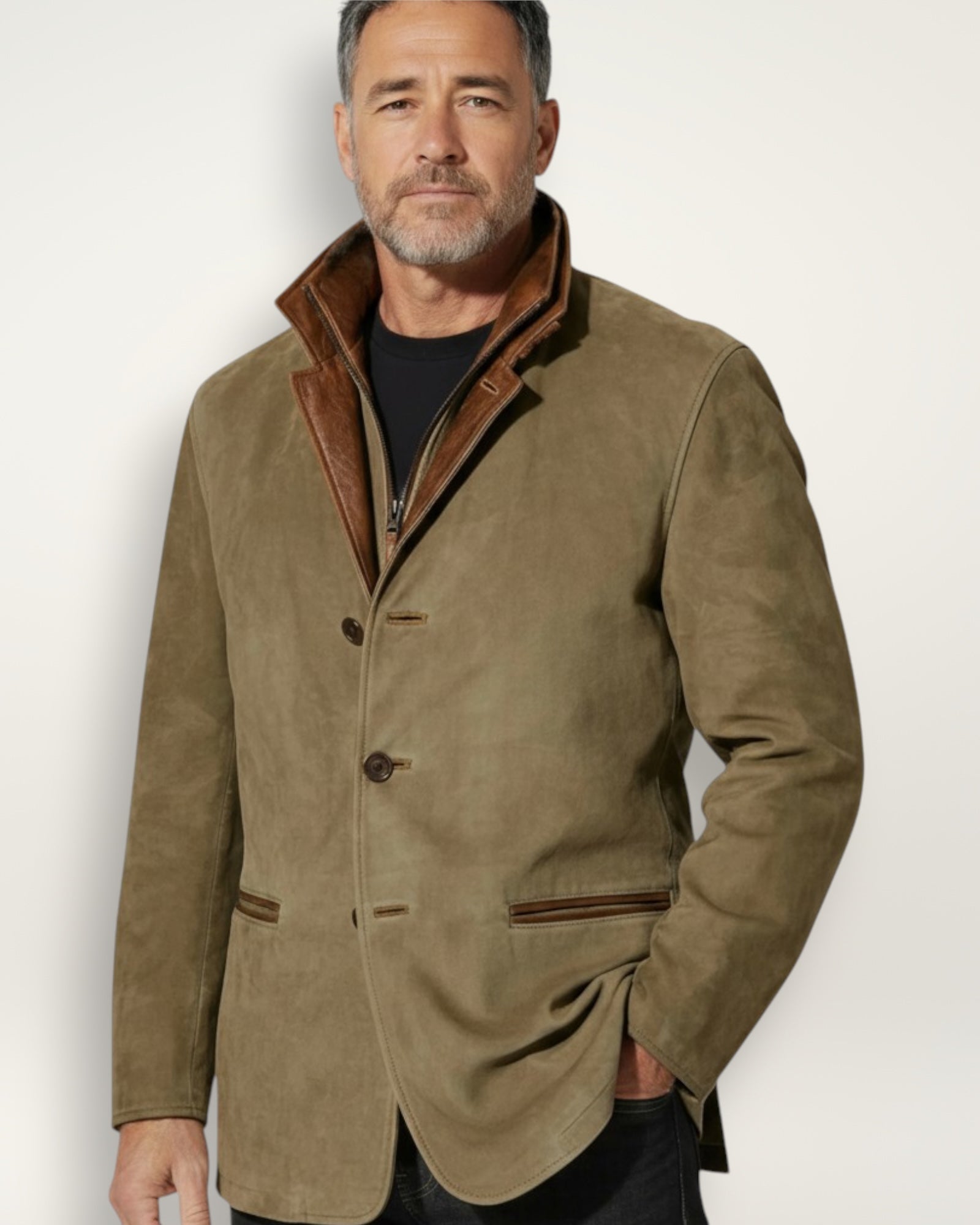 Men's Faux Suede Blazer Jacket with Stand-Up Collar
