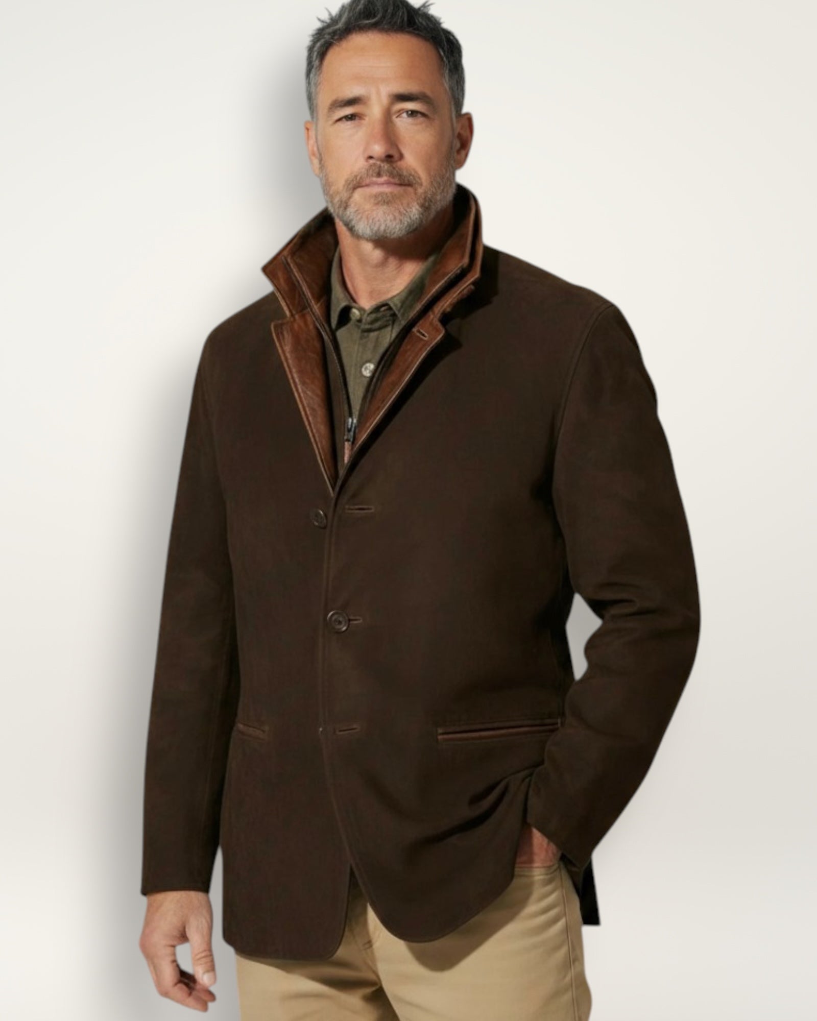 Men's Faux Suede Blazer Jacket with Stand-Up Collar