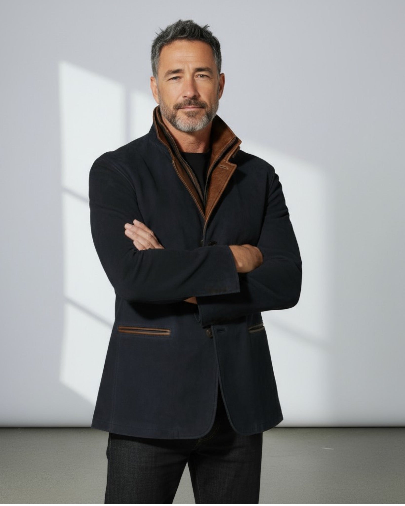 Men's Faux Suede Blazer Jacket with Stand-Up Collar