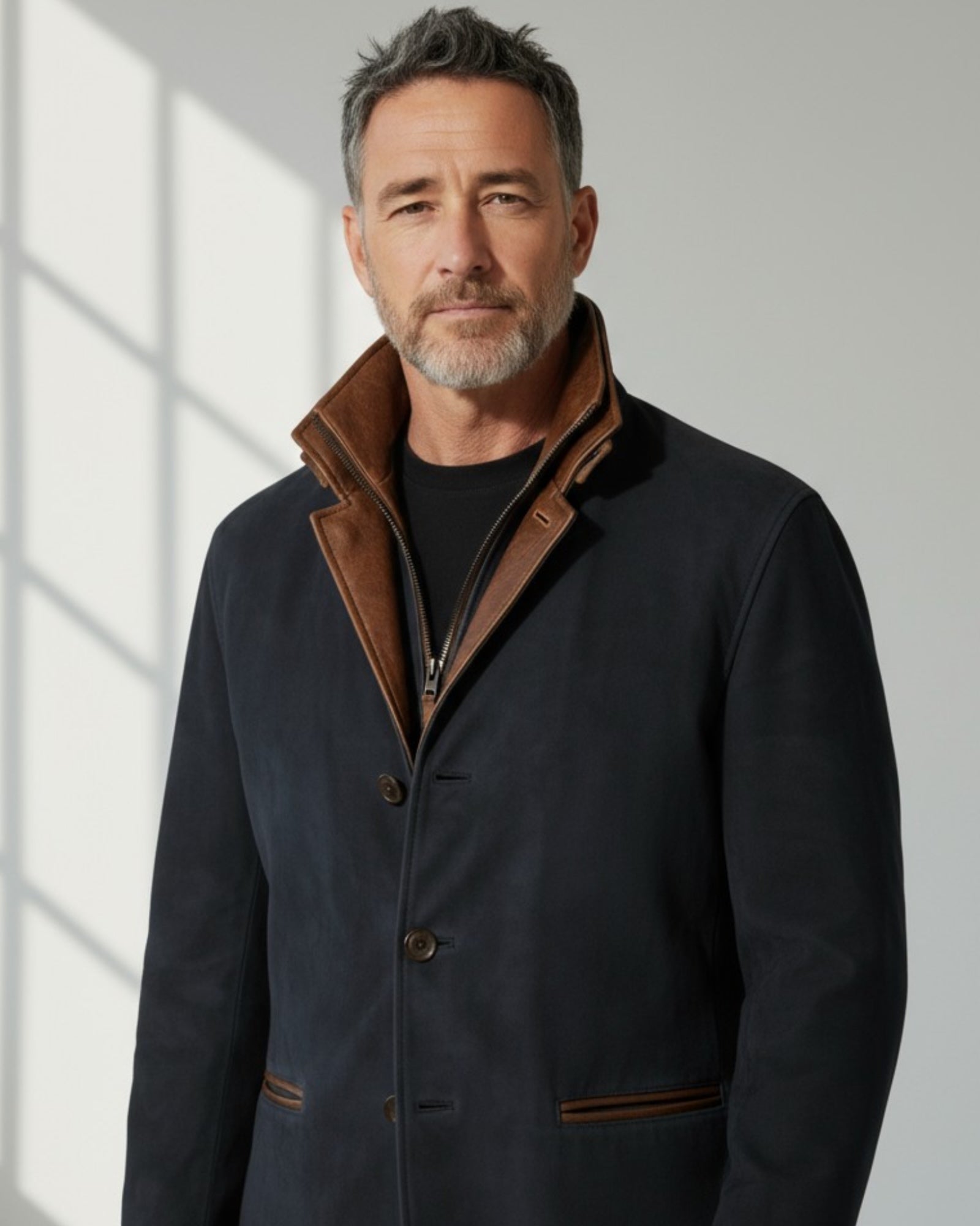 Men's Faux Suede Blazer Jacket with Stand-Up Collar