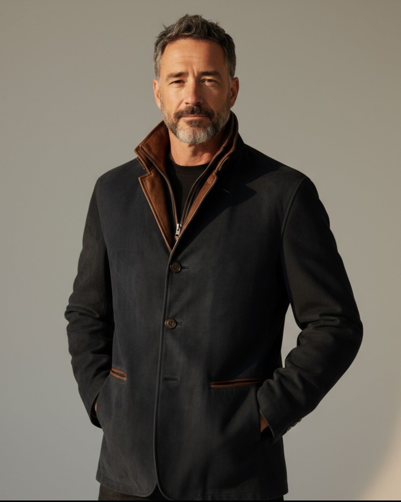 Men's Faux Suede Blazer Jacket with Stand-Up Collar