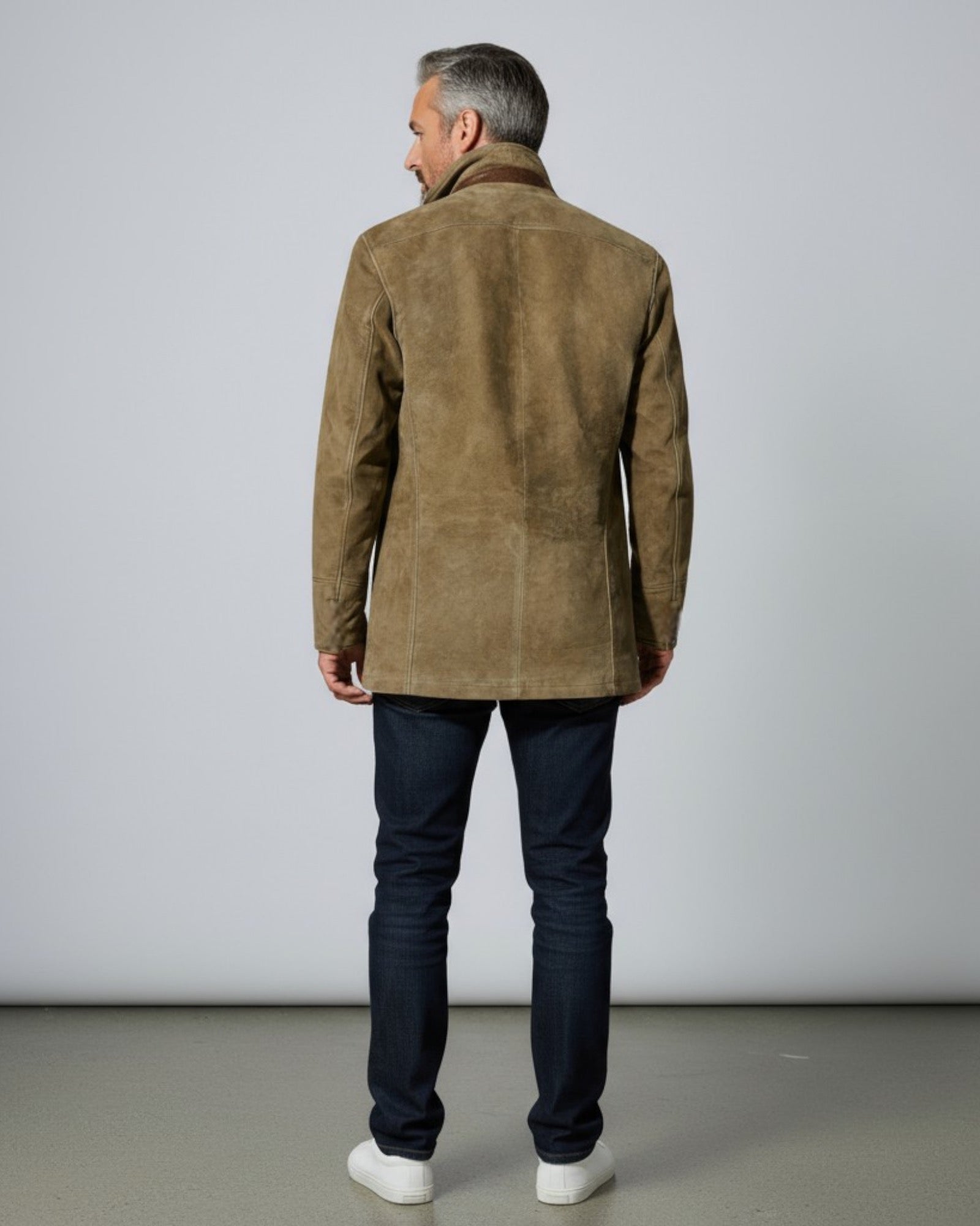 Men's Faux Suede Blazer Jacket with Stand-Up Collar